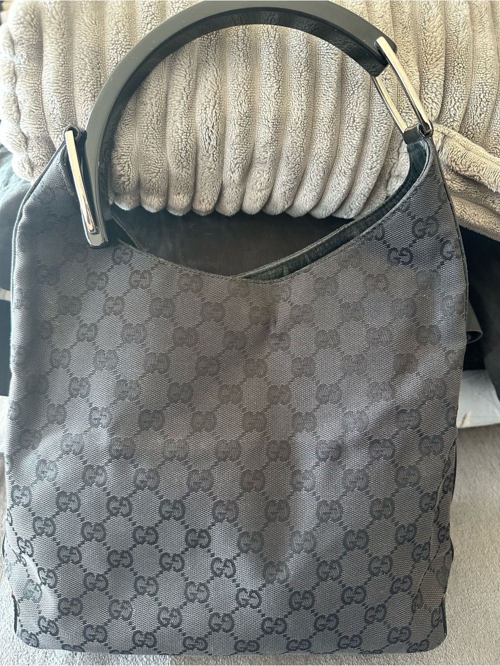 Gucci Black Monogram Shoulder Bag with Patent Handle